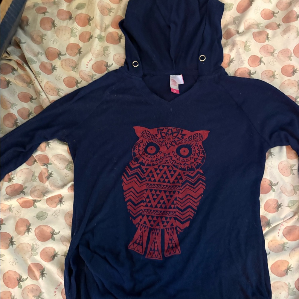 Navy Hoodie with Red Owl Design